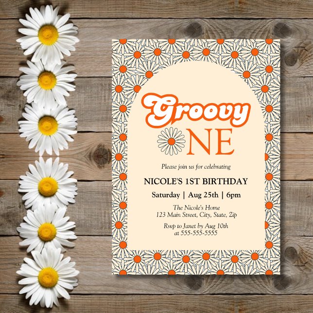 Invitation Beige Orange Daisy Arc Super 1er anniversaire (Créateur téléchargé)