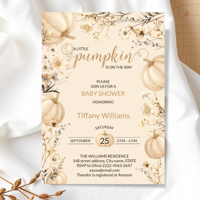 Invitation Beige Pastel Aquarelle Citrouille automne fleurs s (Rustic Pumpkin Baby Shower Invitation | Neutral Fall Floral Autumn Theme)