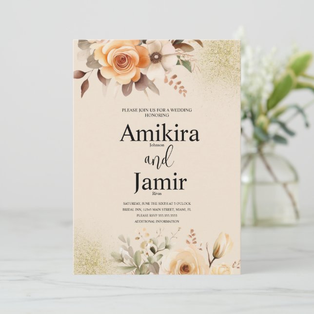 Invitation Beige Pêche Dreamy Aquarelle Mariage Floral (Debout devant)