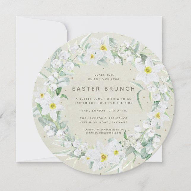 Invitation Beige ronde + Grille Florale blanche Brunch de Pâq (Devant)