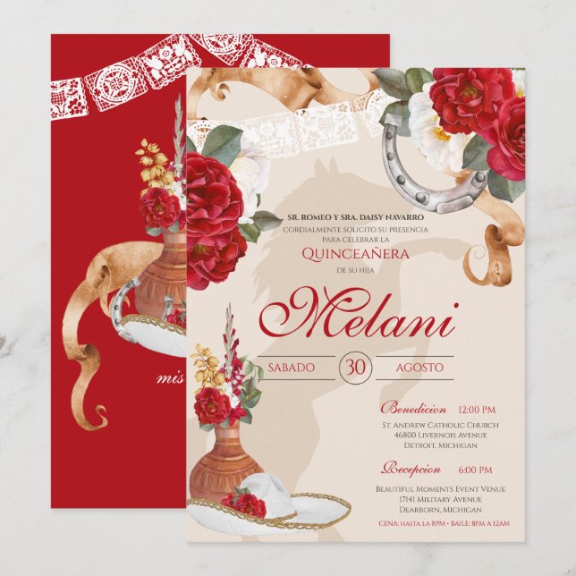 Invitation Beige rouge Elegant Rose Charro Mariachi Quinceane (Devant / Derrière)