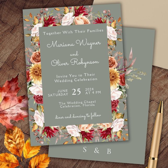 Invitation Beige Sage Vert Automne Mariage Floral (Créateur téléchargé)