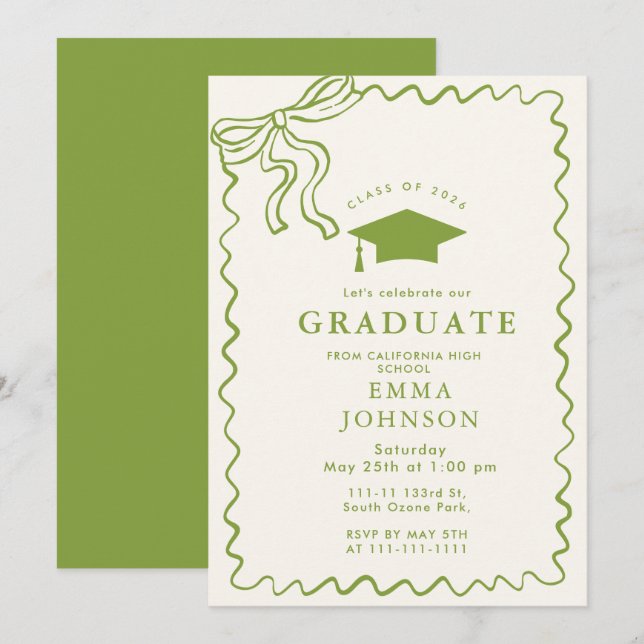 Invitation Beige Simple Line Doodles Graduation Party (Devant / Derrière)