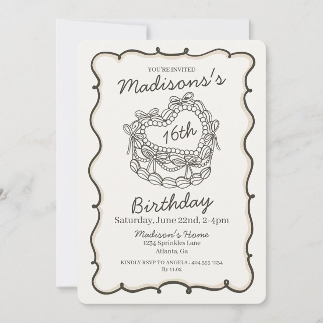 Invitation Beige Sweet 16 Coquette Coeur Gâteau de cerise Ann (Devant)