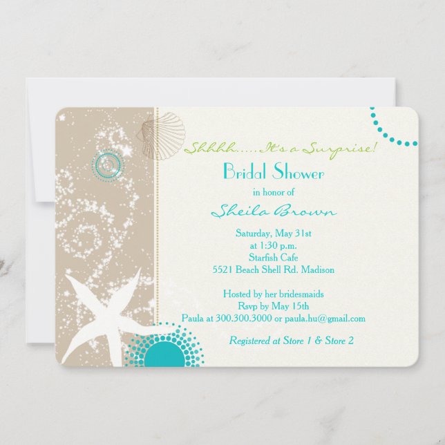 Invitation Beige Tan Aqua Beach Surprise Fête des mariées (Devant)