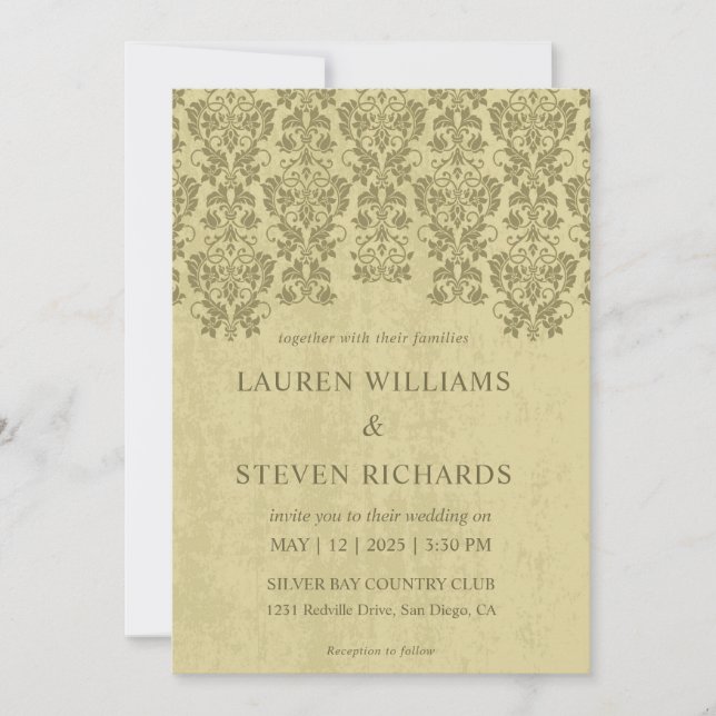 Invitation Beige Tan Olive Green Glamor Dentelle Mariage pers (Devant)