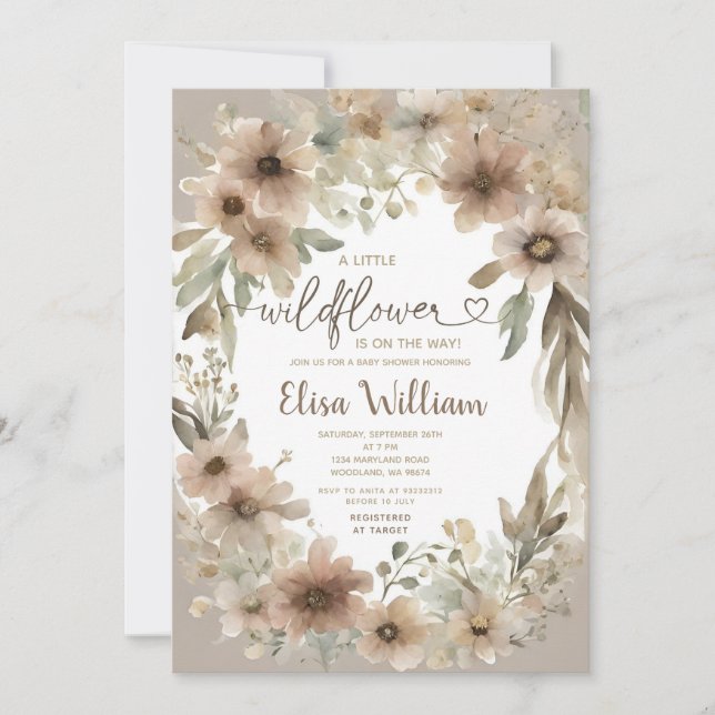 Invitation Beige Un petit Baby shower Fleur sauvage (Devant)