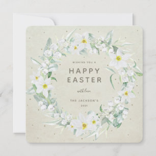 Invitation Beige+White Floral Wreath Happy Pâques Plat Card