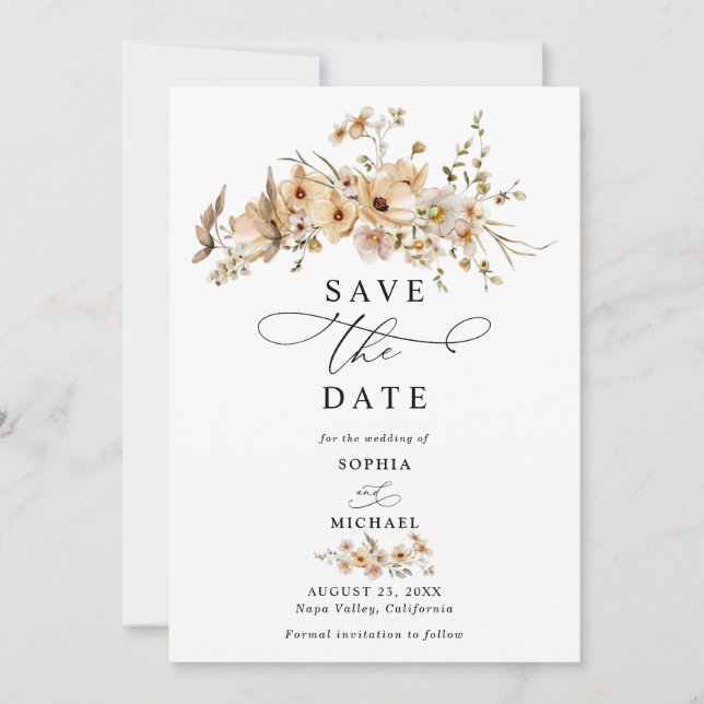 Invitation Beige Wild Flowers Save The Date (Devant)