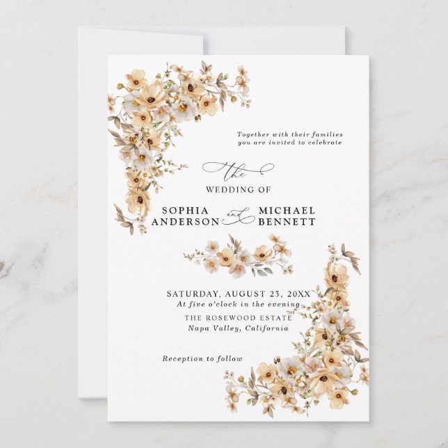 Invitation Beige Wild Flowers Wedding (Devant)