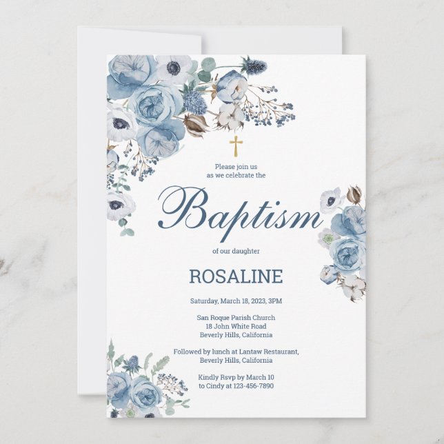 Invitation Bel Baptême Floral Bleu (Devant)
