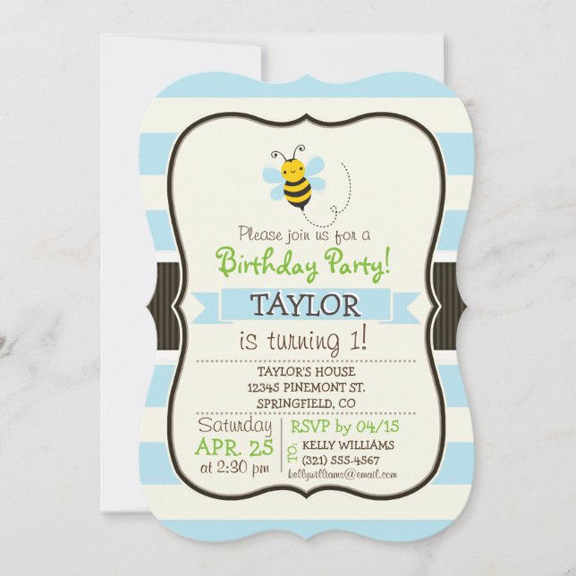 Invitation Belle Abeille jaune et noire sur Bébé Bleu Stripes (Devant)