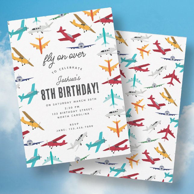 Invitation Belle Anniversaire de enfant de l'avion volez sur (Cute Airplane Kids Birthday Party Fly on Over Invitation)