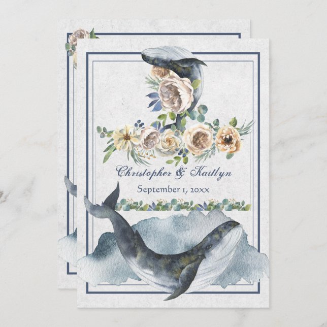 Invitation Belle Aquarelle Baleines et Fleurs Mariage (Devant / Derrière)
