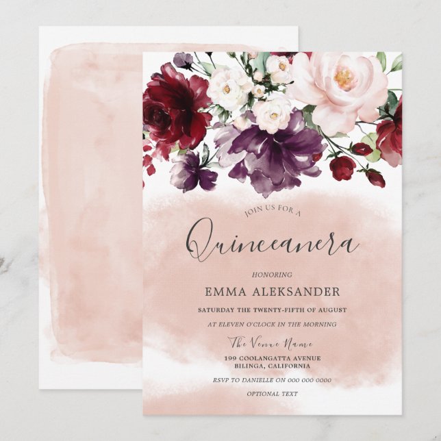Invitation Belle aquarelle Bleue Botanique Quinceanera (Devant / Derrière)