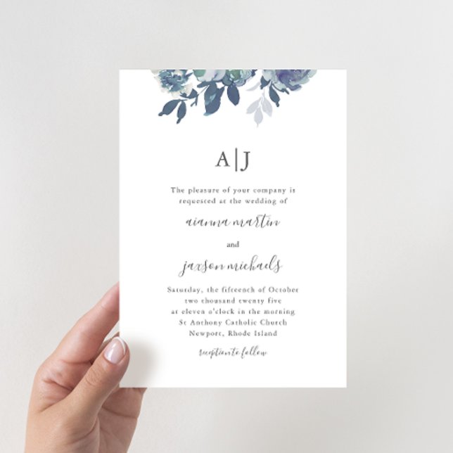 Invitation Belle Aquarelle Bleue Floral Monogramme Mariage (Créateur téléchargé)