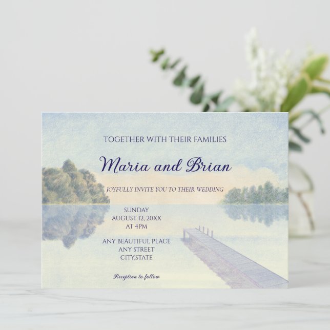 Invitation Belle aquarelle coucher de soleil mariage lac (Debout devant)