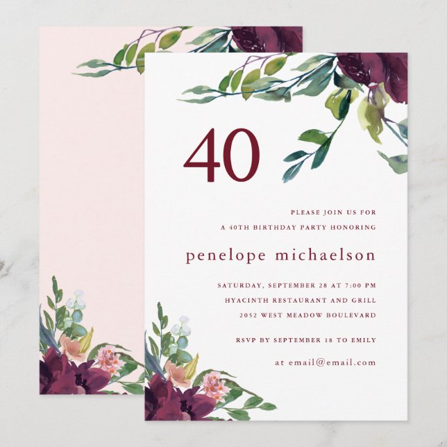 Invitation Belle aquarelle Florale 40e anniversaire (Devant / Derrière)