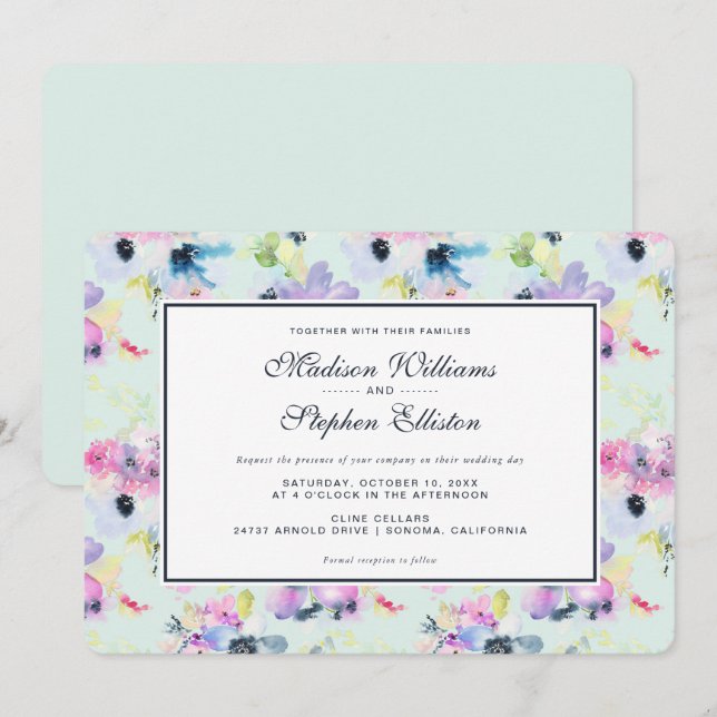 Invitation Belle aquarelle florale en pastel - mariage (Devant / Derrière)
