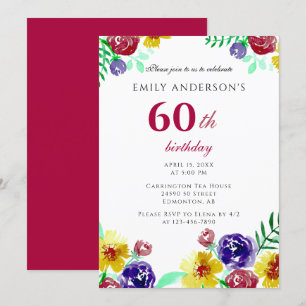 Invitation Belle aquarelle Flowers 60e anniversaire femme