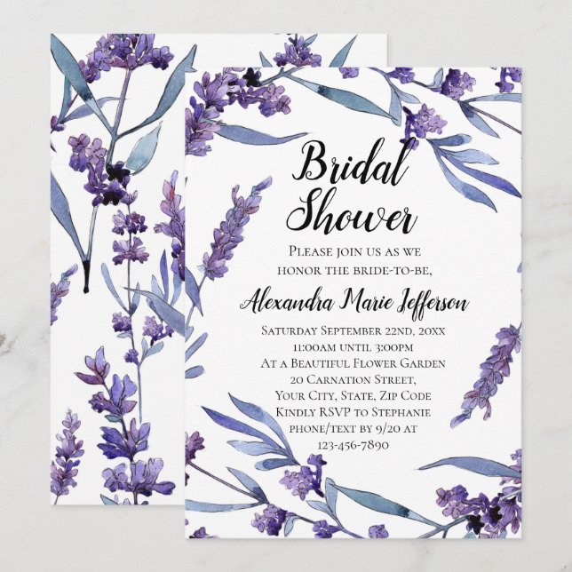 Invitation Belle Aquarelle Lilac Fête des mariées élégante (Devant / Derrière)