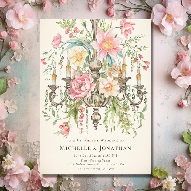 Invitation Belle aquarelle Mariage de lustre Floral (Front - Beautiful Watercolor Floral Chandelier Wedding Invitation)