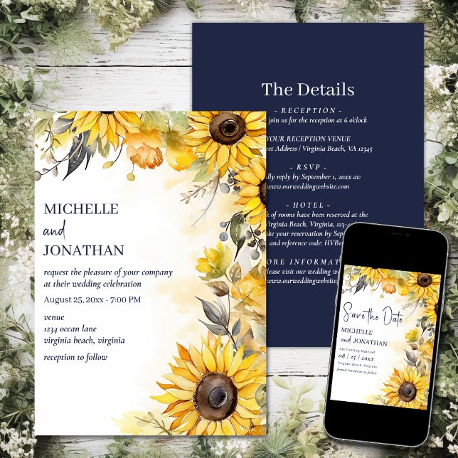 Invitation Belle aquarelle tournesol tout en un Mariage (Printed and Digital - Beautiful Watercolor Sunflower All in One Wedding Invitation)