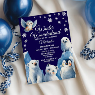 Invitation Belle Arctic Animaux Hiver Fête d'anniversaire pou