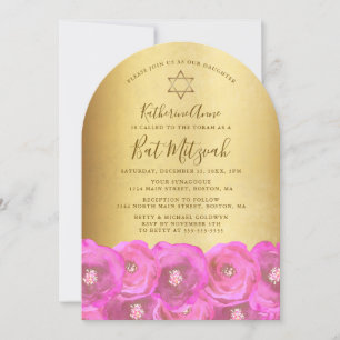 Invitation Belle Bat Mitzvah Rose Fleurie Or
