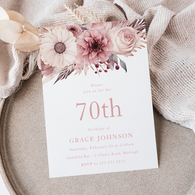 Invitation Belle Blush Boho Floral 70e fête d'anniversaire (Créateur téléchargé)