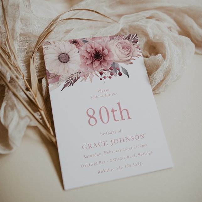 Invitation Belle Blush Boho Floral 80e fête d'anniversaire (Créateur téléchargé)