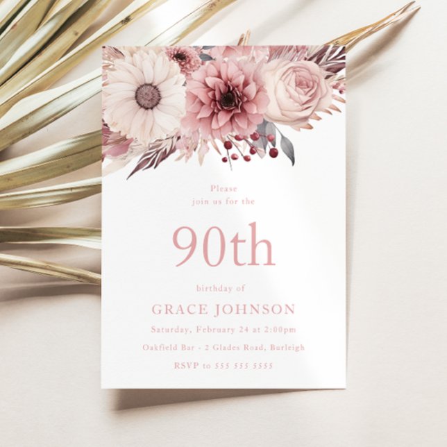 Invitation Belle Blush Boho Floral 90e fête d'anniversaire (Créateur téléchargé)