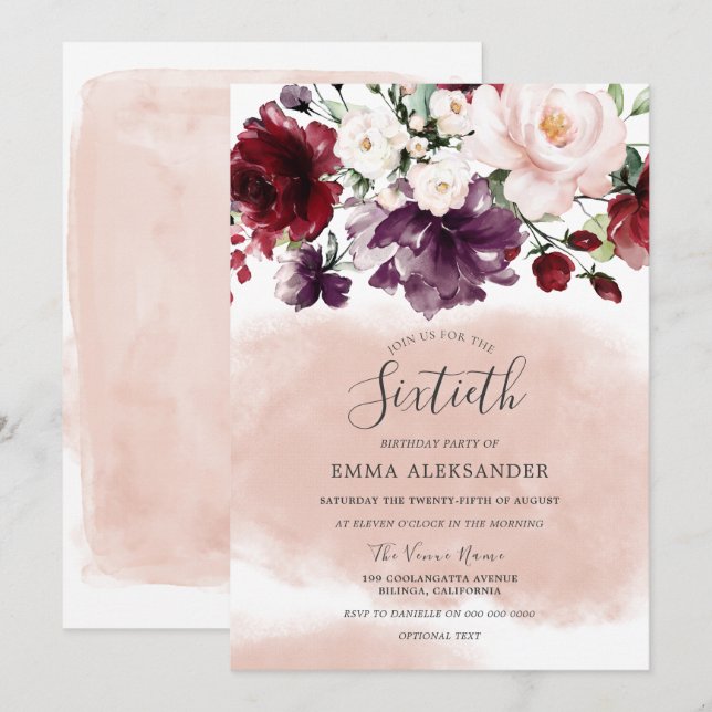 Invitation Belle Blush & Burgundy Womans 60e anniversaire (Devant / Derrière)