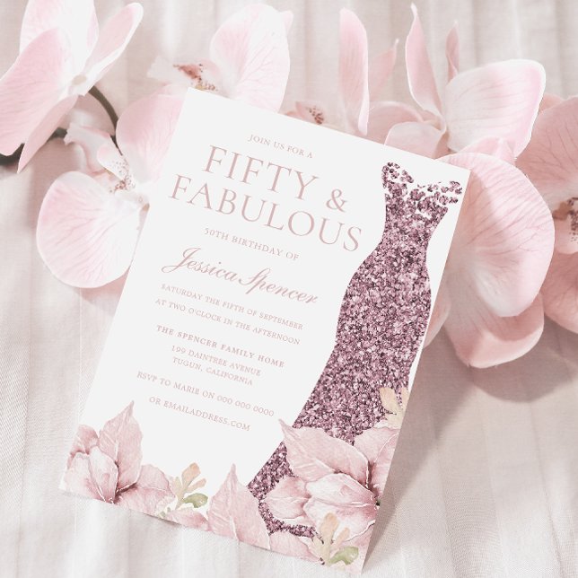 Invitation Belle Blush Floral & Robe 50e fête d'anniversaire (Créateur téléchargé)