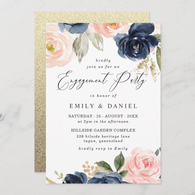 Invitation Belle Blush & Navy Flowers (Devant / Derrière)