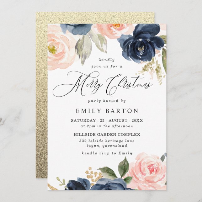 Invitation Belle Blush & Navy Joyeux Noël (Devant / Derrière)