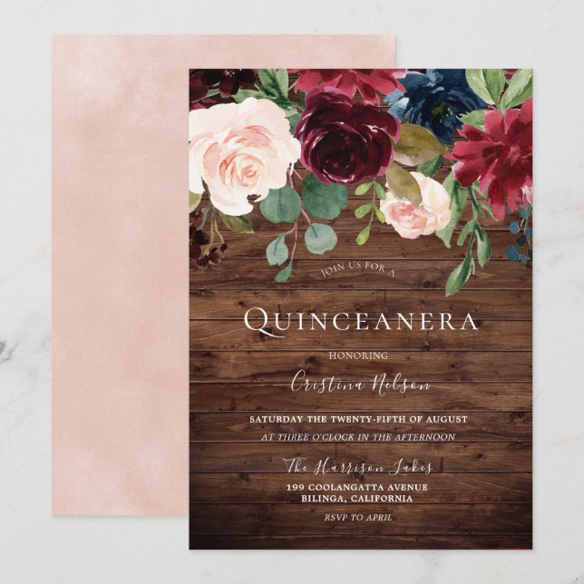 Invitation Belle Blush Rustique Bourgogne Quinceanera Party (Devant / Derrière)