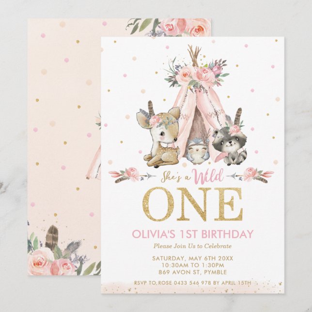 Invitation Belle Bois Animaux Fille Sauvage Un 1er anniversai (Devant / Derrière)