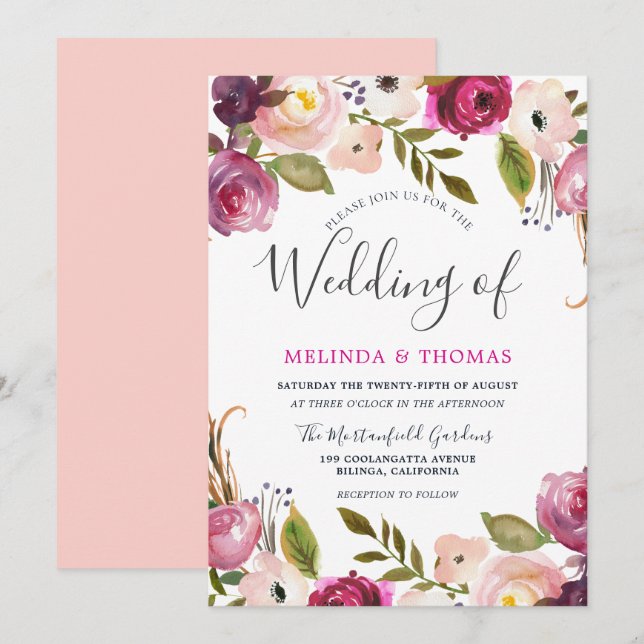 Invitation Belle Botanique Blush Floral Élégant Mariage (Devant / Derrière)