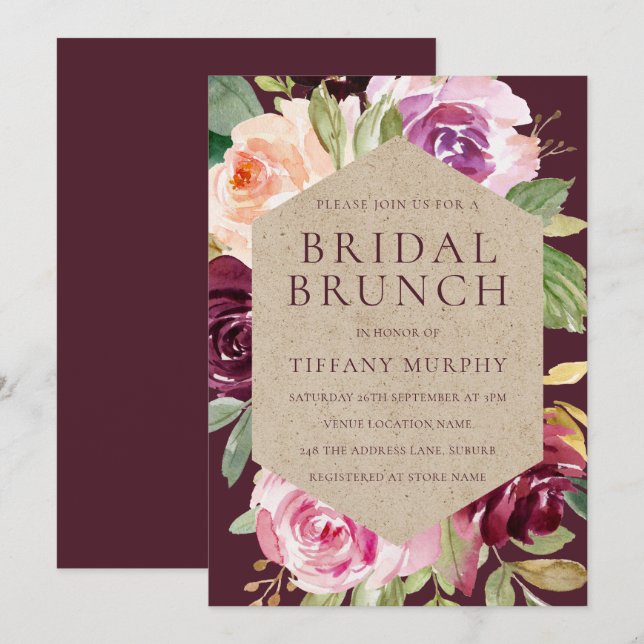 Invitation Belle Bourgogne Fête des mariées Florale Brunch (Devant / Derrière)