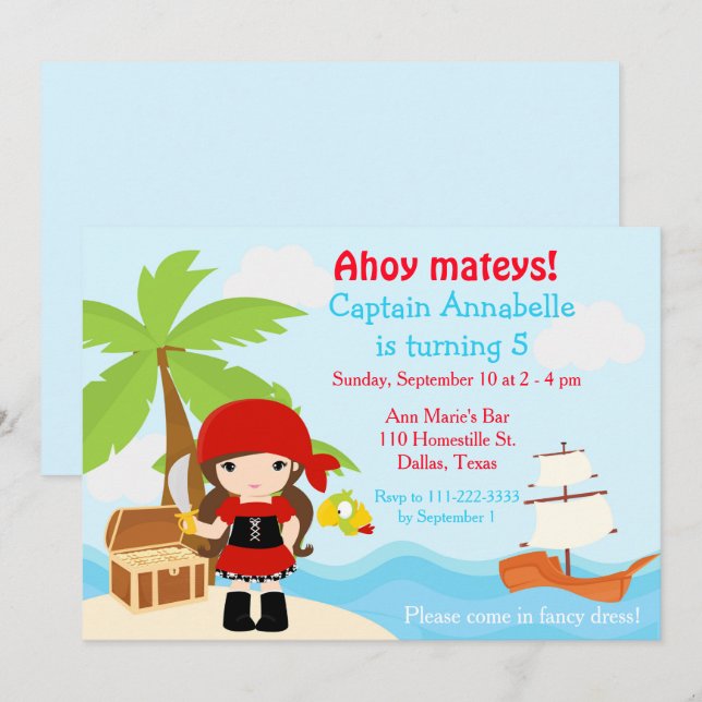 Invitation Belle Brunette Pirate Girl Anniversaire (Devant / Derrière)
