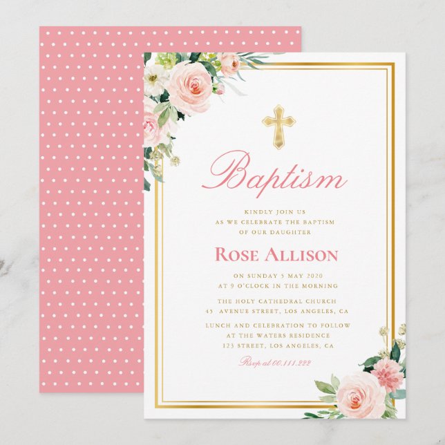 Invitation belle cadre floral faux or cadre baptême invitatio (Devant / Derrière)