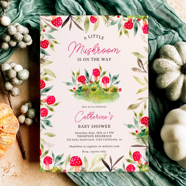 Invitation Belle cascade petit baby shower champignon (Cute fall hand painted watercolor little mushroom baby shower invitation)