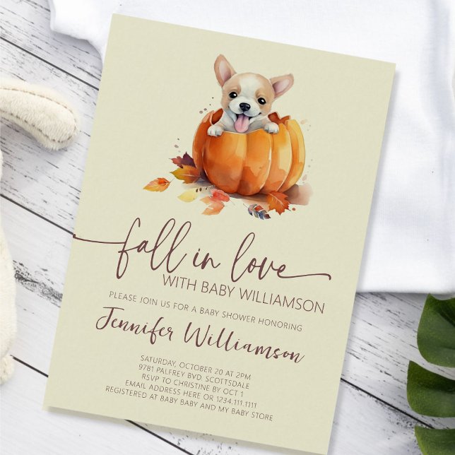 Invitation Belle chute Citrouille dans le Baby shower d'amour (Cute Little Pumpkin Puppy Fall in Love Baby Shower Invitation)