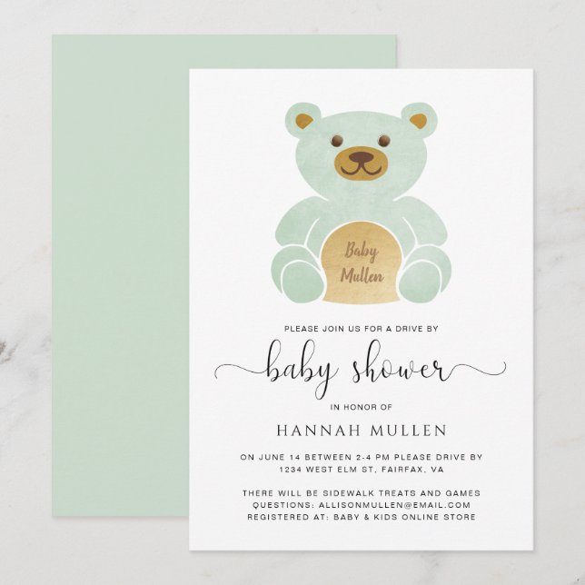 Invitation Belle Conduite Par Baby shower Teddy Bear Mint (Devant / Derrière)