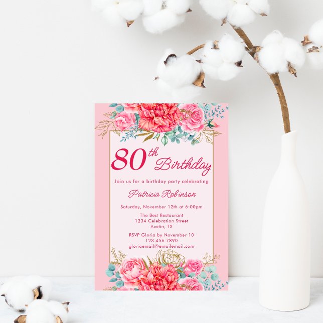 Invitation Belle Coral rose floral 80e fête d'anniversaire (Créateur téléchargé)