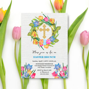 Invitation Belle Croix d'or OEufs de Pâques Tulipes