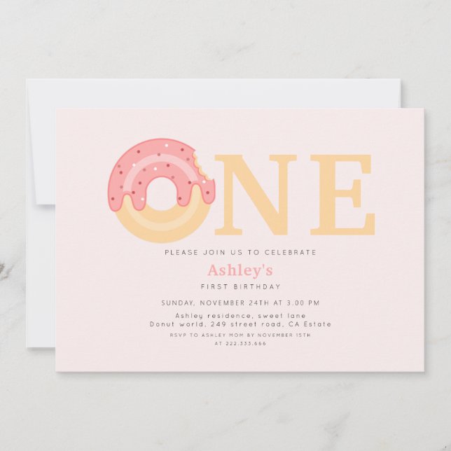 Invitation Belle Donut Rose Un 1er anniversaire (Devant)