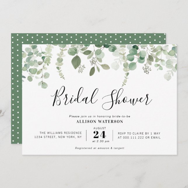 Invitation belle douche nuptiale à l'eucalyptus verte (Devant / Derrière)