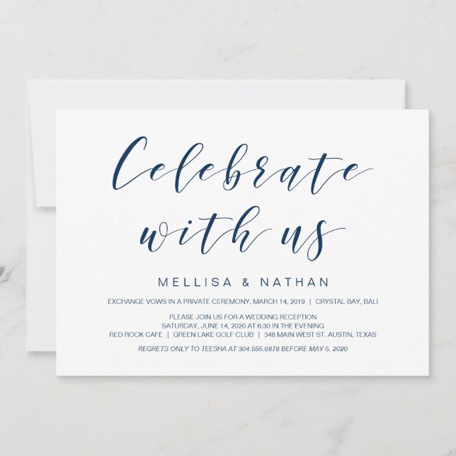 Invitation Belle Élégance, Bleu Marine, Mariage en Elopement (Devant)